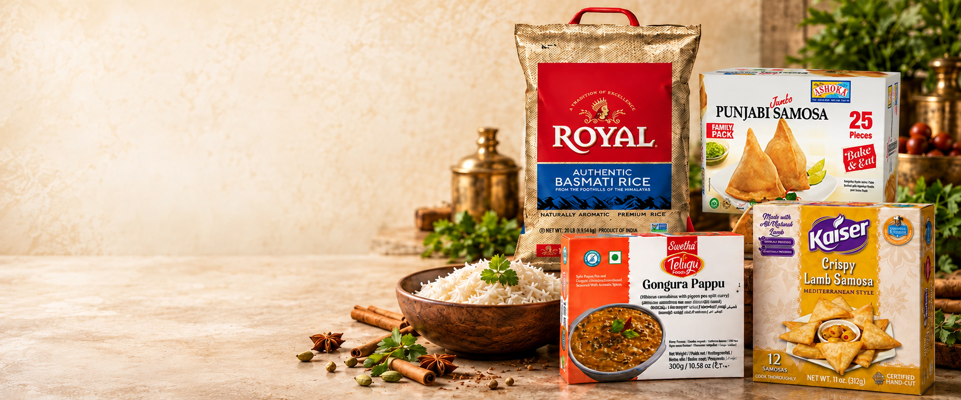 Royal rice, Ashoka Punjabi Samosa 25 pieces, Swetha frozen meal and Kaiser frozen snack in our featured wholesale range